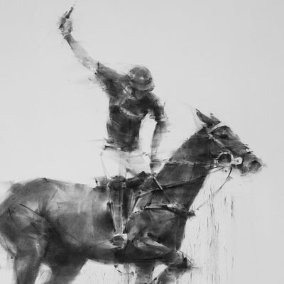 "Accumulation of power" charcoal on paper artwork by Tianyin Wang | Horse polo art gallery | Equestrian drawings for sale