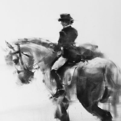 "Back view" charcoal on paper equine artwork by Tianyin Wang | Horse polo art gallery | Equestrian drawings for sale