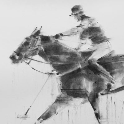"Into the wind" charcoal on paper polo artwork by Tianyin Wang | Horse polo art gallery | Equestrian drawings for sale
