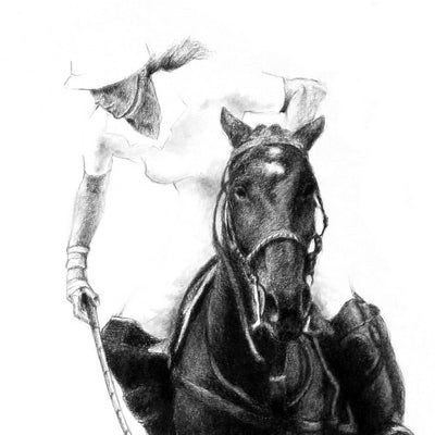 "After the shot" conte pencil on paper polo drawing by Jesus Arnedo Bedoya | Horse polo art gallery | Equestrian drawing for sale