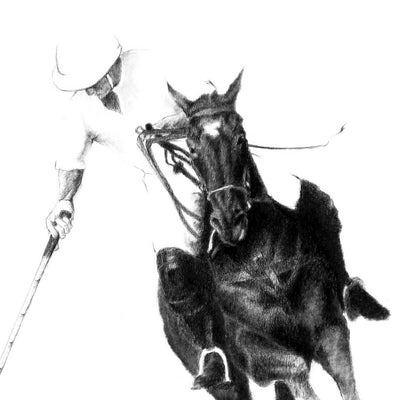 "Short shot" conte pencil on paper polo drawing by Jesus Arnedo Bedoya | Horse polo art gallery | Equestrian drawing for sale