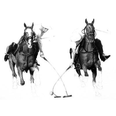 "Two players" conte pencil on paper polo drawing by Jesus Arnedo Bedoya | Horse polo art gallery | Equestrian drawing for sale