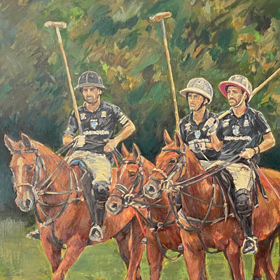 "The men in black" oil on linen horse polo painting by Marcos Terol | Horse polo art gallery | Contemporary equestrian expressionism art for sale
