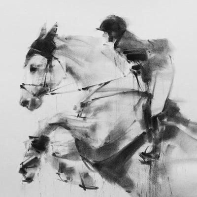 "Overstep" charcoal on paper equine artwork by Tianyin Wang | Horse polo art gallery | Equestrian drawings for sale