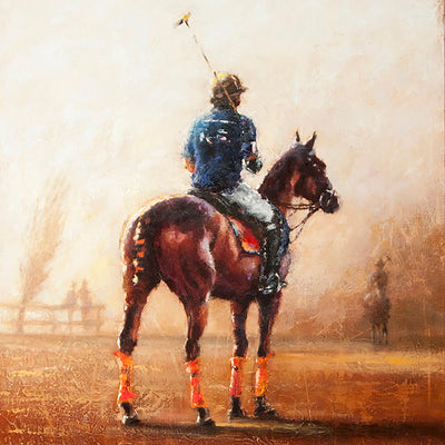 "Player getting ready" oil on canvas painting by Alexey Klimenko | Horse polo art gallery | Art with horses for sale