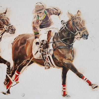 "The One with the Red Bandages" oil on canvas painting by Askild Winkelmann | Horse polo art gallery | Equestrian art for sale