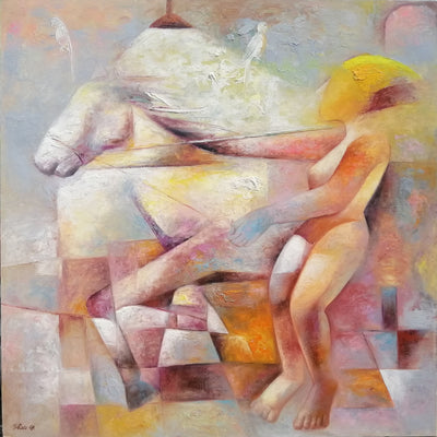 "The race of life" oil on canvas painting by Yutao Ge | Horse polo art gallery | Horse cubistic artwork for sale