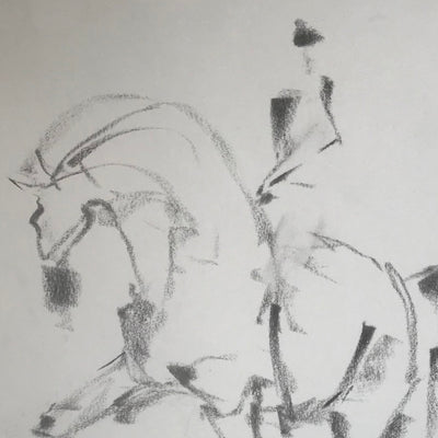 "Warming up" charcoal drawing of horse by Anne Hansson | Horse polo art gallery | Abstract equestrian art for sale