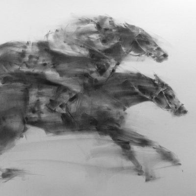 "Enter to rivalry" charcoal on paper horse racing artwork by Tianyin Wang | Horse polo art gallery 