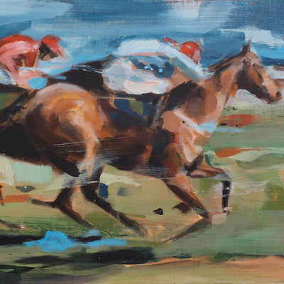"Horse race in Hamburg Horn I" acrylic on canvas horse race painting by Hartmut Hellner | Horse polo art gallery | Equestrian art for sale