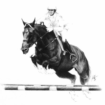 "Jump" conte pencil on paper drawing of jumping by Jesus Arnedo Bedoya | Horse polo art gallery | Equestrian drawing for sale