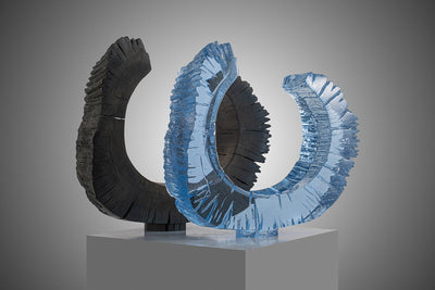 Bohemian glass and 6500 years old subfossil oak sculptures by Jaroslav Prosek