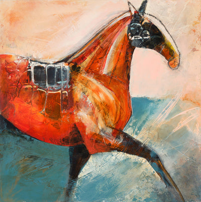 "Adventure Awaits" acrylic on wooden panel horse painting by Jane Johansson | Horse polo art gallery