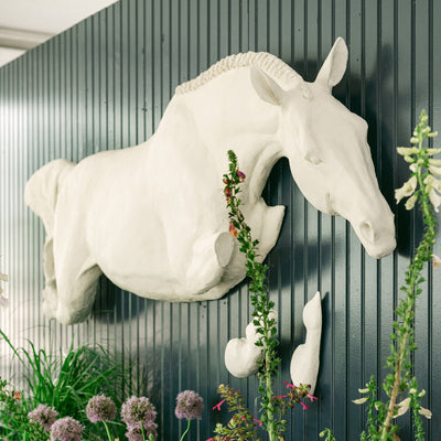 White horse monumental ceramic sculpture. Elegant style for equestrian club house or private residence