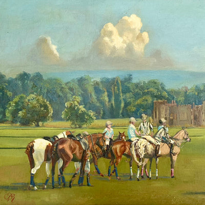 "Cowdray polo scene" oil on canvas equine painting by Beatrice James | Horse polo art gallery