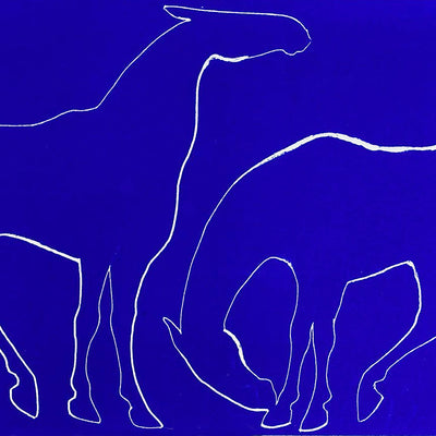 "Switchback" blue and gold horse theme relief print by Maggie Robertson | Horse polo art gallery