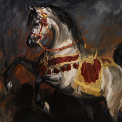 "Gray Arab with Ornate Saddle" oil on canvas equine painting by Anthony Valentino Robinson | Horse polo art gallery 
