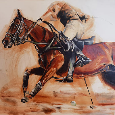 "Shot" oil on canvas polo theme painting by Askild Winkelmann | Horse polo art gallery
