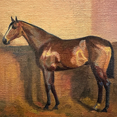 "Stabled Polo Pony" oil on canvas equestrian painting by Beatrice James | Horse polo art gallery