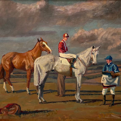 "The Little Racing Scene" oil on canvas equine theme painting by Beatrice James | Horse polo art gallery