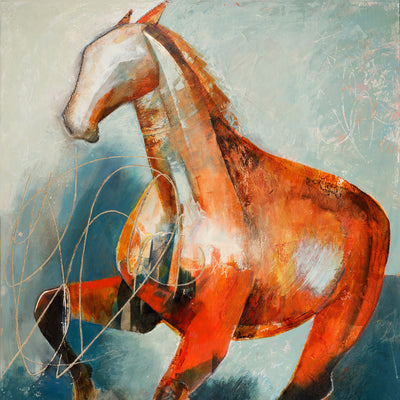 "Untethered Soul" acrylic on wooden panel horse painting by Jane Johansson | Horse polo art gallery