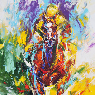 "Vivid Victory" acrylic on canvas horse racing theme painting by Anna Cher | Horse polo art gallery