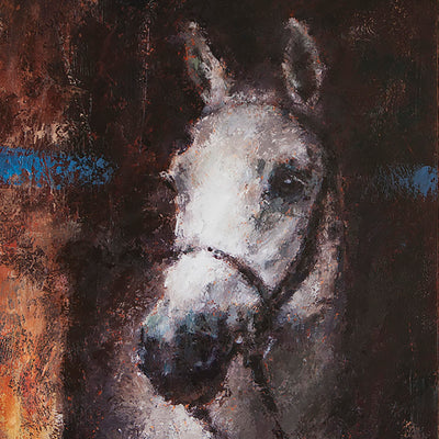 "Anticipation" oil on canvas painting by Alexey Klimenko | Horse polo art gallery | White horse contemporary painting for sale