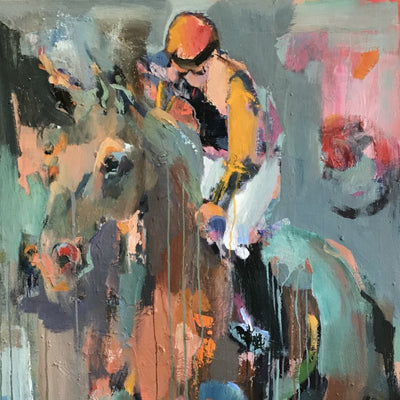 "At Bro Park" oil on canvas horse racing painting by Anne Hansson | Horse polo art gallery | Abstract equestrian art for sale