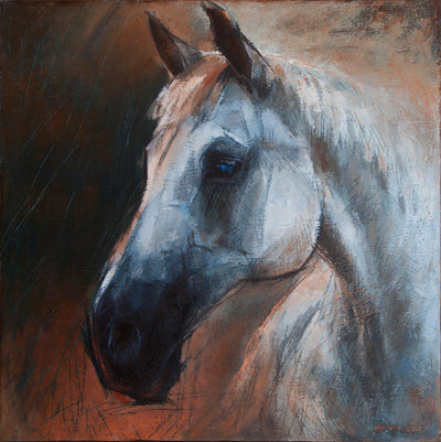 "Blue eyes" oil on canvas painting by Alexey Klimenko | Horse polo art gallery | White horse head painting for sale