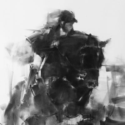 "Challenger" charcoal on paper equine artwork by Tianyin Wang | Horse polo art gallery | Equestrian drawings for sale
