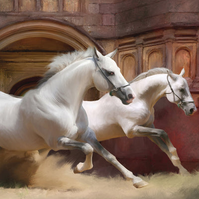 "Fleeing from our temples" acrylic on canvas horse painting by Rafael Lago | Horse polo art gallery | Modern equestrian artwork for sale