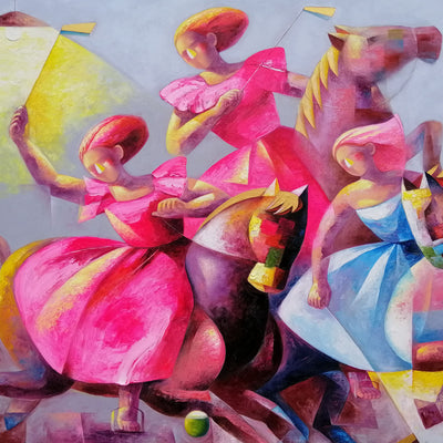 "Focus" oil on canvas painting by Yutao Ge | Horse polo art gallery | Ladies polo artwork for sale