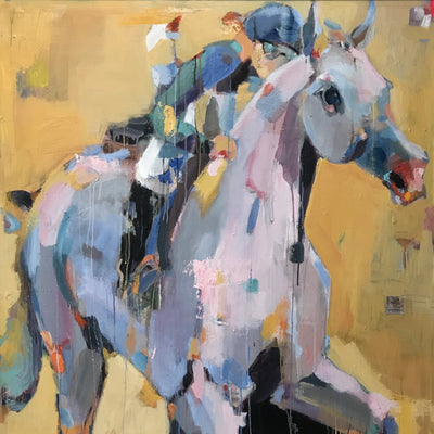 "Full speed ahead" oil on canvas horse racing painting by Anne Hansson | Horse polo art gallery | Abstract equestrian art for sale