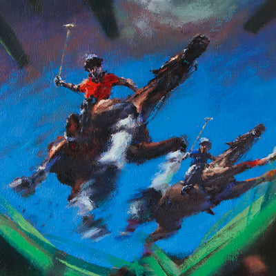 "Galloping duo" oil on canvas painting by Alexey Klimenko | Horse polo art gallery | Two poloplayers | Contemporary art for sale