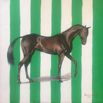 "Green Stripes " oil on canvas horse painting by Madeleine Bunbury | Horse polo art gallery