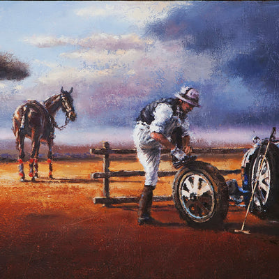 "Hurry up!" oil on canvas painting by Alexey Klimenko | Horse polo art gallery | Horse, poloplayer and car | Artwork for sale 