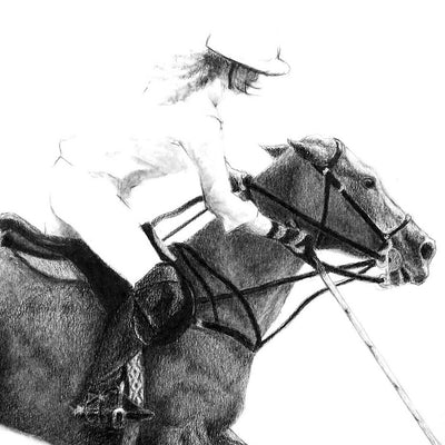 "Effect" conte pencil on paper polo drawing by Jesus Arnedo Bedoya | Horse polo art gallery | Equestrian drawing for sale
