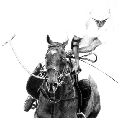 "Neck shot" conte pencil on paper polo drawing by Jesus Arnedo Bedoya | Horse polo art gallery | Equestrian drawing for sale
