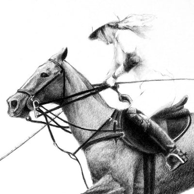 "Sensation" conte pencil on paper polo drawing by Jesus Arnedo Bedoya | Horse polo art gallery | Equestrian drawing for sale