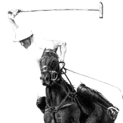 "Swing" conte pencil on paper polo drawing by Jesus Arnedo Bedoya | Horse polo art gallery | Equestrian drawing for sale