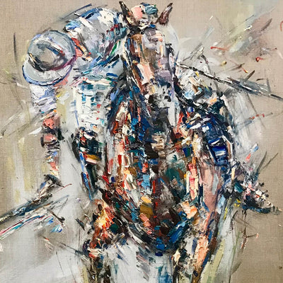 "Powerful shot" oil on canvas horse polo painting by Luci Maclaren | Horse polo art gallery | Abstract equestrian art for sale