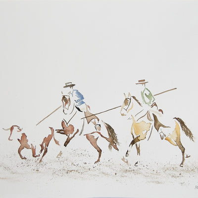 "On the sidewalk" watercolor on paper by Carlota Sarvise | Horse polo art gallery