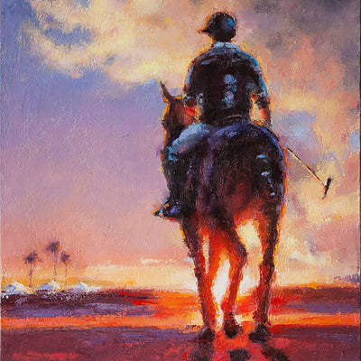 "Player at sunset" oil on canvas painting by Alexey Klimenko | Horse polo art gallery | Polo theme artwork for sale