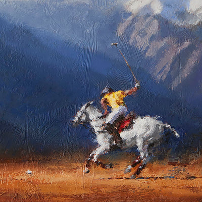 "Player in action" oil on canvas painting by Alexey Klimenko | Horse polo art gallery | White horse art for sale
