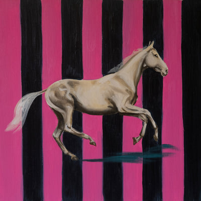 "Pink Stripes" oil on canvas horse painting by Madeleine Bunbury | Horse polo art gallery