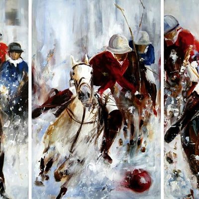 "Winter polo" tryptic acrylic on canvas polo painting by Robert Hettich | Horse polo art gallery | Polo artwork for sale