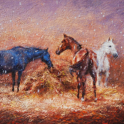 "Three horses under the first snow" oil on canvas painting by Alexey Klimenko | Horse polo art gallery | Equine artwork for sale