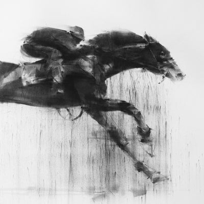 "Take the lead" charcoal on paper horse racing artwork by Tianyin Wang | Horse polo art gallery | Equestrian drawings for sale