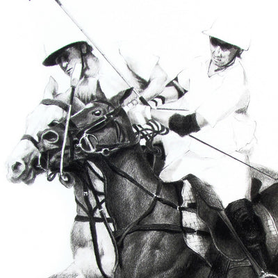 "The battle" conte pencil on paper polo drawing by Jesus Arnedo Bedoya | Horse polo art gallery | Equestrian drawing for sale
