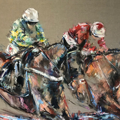 "Three At The Last" oil on canvas horse racing painting by Luci Maclaren | Horse polo art gallery | Abstract equestrian art for sale